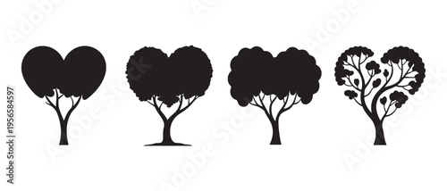 Set of Four Heart-Shaped Tree Silhouettes Vector Illustration on White Background, Symbolizing Love, Nature, and Ecology.