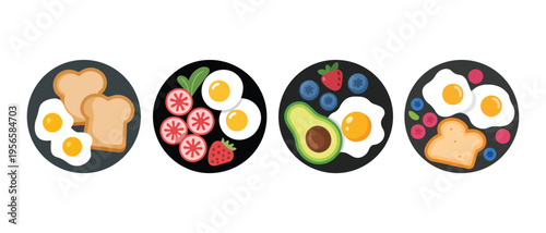 Plates of healthy breakfast with fried eggs, toast, avocado, and fresh berries.