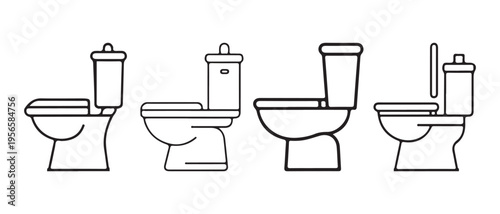Set of Toilet Icons and Sanitary Ware Designs. Clean Line Art Collection on White Background.