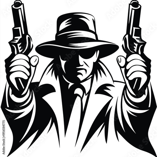 Silhouette of intimidating man in trench coat holds two pistols firmly outward in black and white