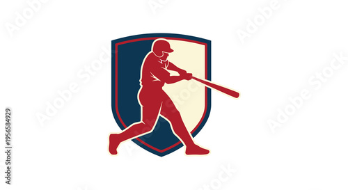 A vintage style shield features a baseball player in mid swing creating a striking graphic design silhouette high quality professional detailed modern elegant