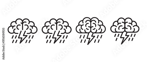 Minimalist Brain Storm Icons Illustrating Mental Stress, Anxiety, and Challenging Thoughts on White Background.