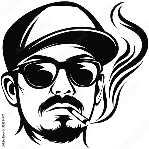 Silhouette shows a bearded man with sunglasses, hat, and cigarette emitting smoke