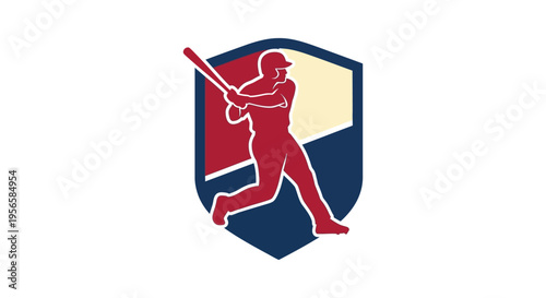 A baseball player is depicted mid swing within a shield shaped graphic creating a bold silhouette high quality professional detailed modern elegant stylish