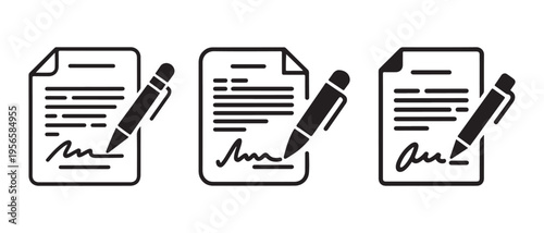 Contract Signature Icon Set. with Pen and Document on White Background, Representing Agreement and Official Paperwork.