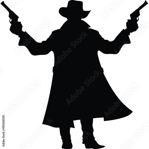 Silhouette shows a mysterious cowboy pointing two vintage revolvers in this dramatic black image