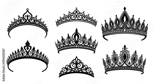 An elegant collection of ornate tiaras and crowns displayed in a striking black and white composition silhouette high quality professional detailed