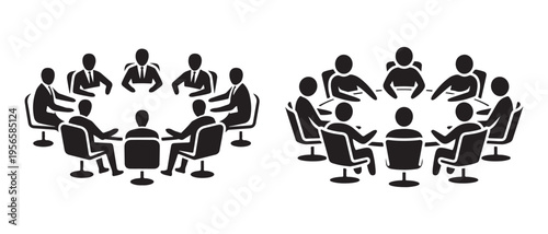 Two groups of diverse people in a round table meeting, depicting business discussion, collaboration, and teamwork in a simplified iconic style.