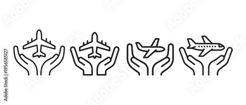 Airplane Safety and Care Icons. Hands Protecting Aircraft, Diverse Models, Clean Line Art.