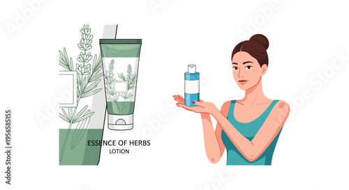 Woman applying herbal lotion in flat illustration style with green and blue colors in natural lighting for skincare advertising