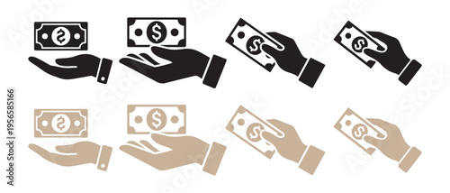 Hand Giving and Receiving Money Icons. Black and Beige Tones, Vector Illustrations.