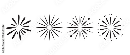 Black Starburst or Sunburst Graphic Elements on White Background.