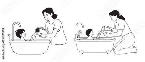 Mother Bathing Young Child in Bathtub, Pouring Water with a Pitcher, Depicting Family Care and Hygiene in Simple Line Art.