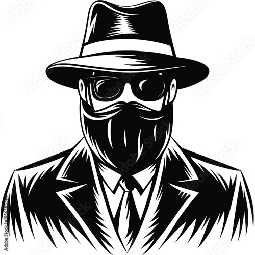 Stern man with dark fedora, sunglasses, suit and tie emits a powerful aura