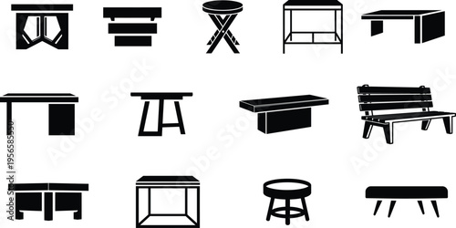 Collection of various furniture icons including tables benches and stools