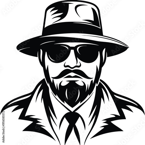 Stern man with mustache, beard, sunglasses, and hat in black and white