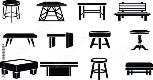 Various furniture icons including tables and stools on white background