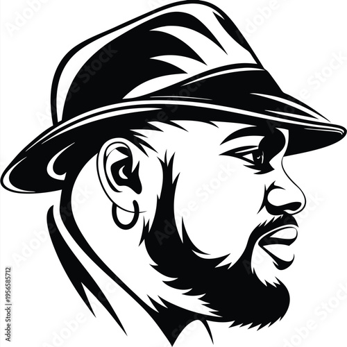 Stylish bearded man wearing a fedora gazes intently in a bold black and white sketch