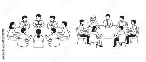 Business People Collaboration Meeting Around Round Table in Flat Line Art Illustration Style for Discussion and Teamwork.