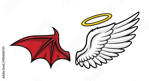 A contrasting pair of wings one angelic and one demonic displayed as a bold graphic silhouette high quality professional detailed modern