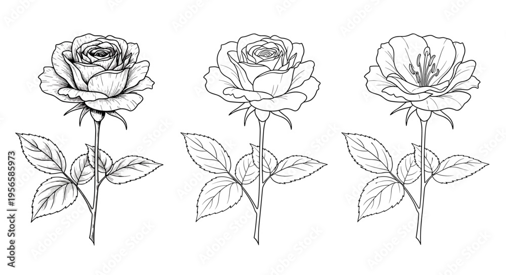 Obraz premium Three detailed line art drawings of roses in different stages of bloom on a white background