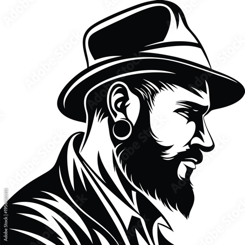 Stylish bearded man with hat side profile shows unique ear piercing in monochrome