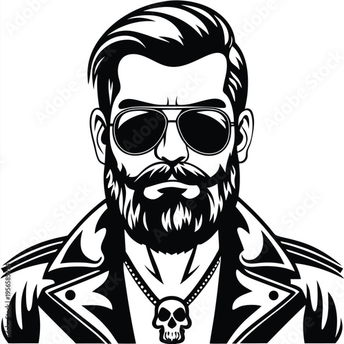 Stylish bearded man with sunglasses and leather jacket features skull pendant in black and white
