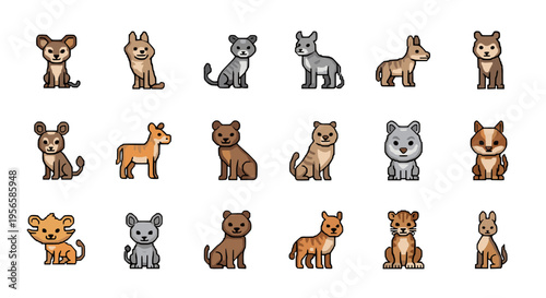 Collection of cute cartoon animal icons featuring dogs, cats, and other mammals