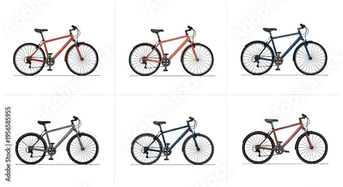 Collection of six different colored bicycles displayed side by side on a white background
