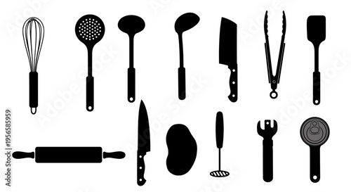Collection of black kitchen utensils and tools in silhouette on a white background
