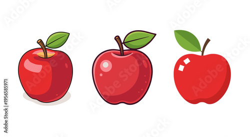 Three stylized red apples with green leaves and stems on a white background