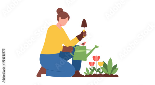 Woman gardening with watering can and trowel, tending to blooming tulips and plants