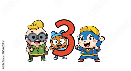 Three cute cartoon characters with a large number 3 in the middle on a white background