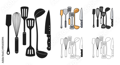Collection of kitchen utensils including spatulas, whisks, ladles, and knives in various styles