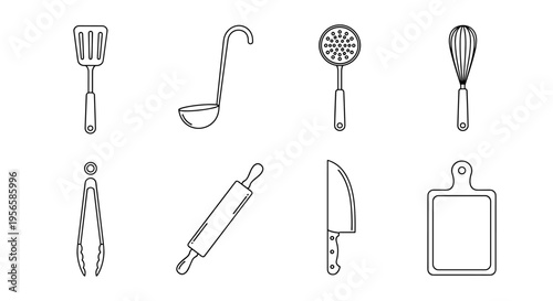 Collection of essential kitchen utensils and cooking tools in a simple line art style