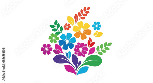 A vibrant arrangement of colorful flowers and foliage forms a striking botanical design presented as a silhouette high quality professional detailed