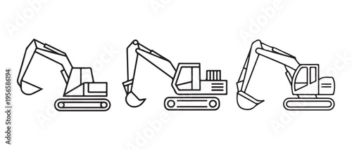 Set of three excavator line icons showing different heavy machinery equipment for construction.