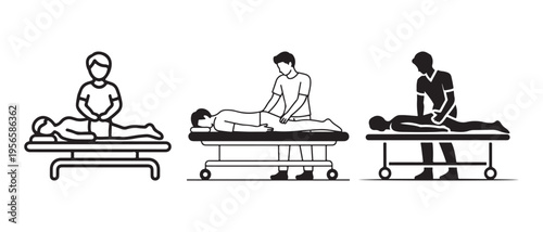 Set of icons depicting physical therapy and massage treatments on medical beds.