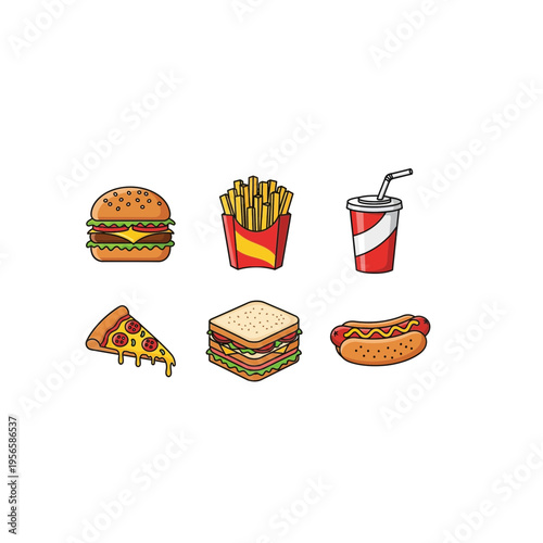 Retro Pixel Art Fast Food Icon Set with Burger and Pizza