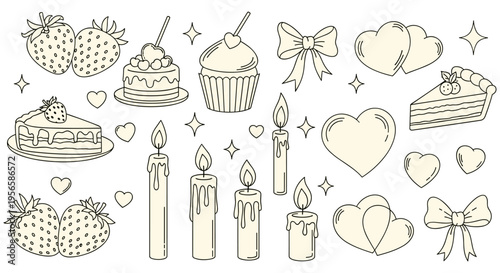 Sweet treats and candles in minimalist line art with beige color in flat lay for valentines day