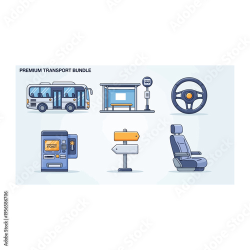 Bus Station Icons: Bus, Seat, Steering Wheel, Ticket Machine