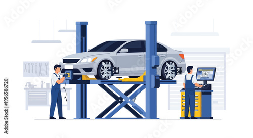 Automotive repair bay scene depicting a car on a lift with mechanics demonstrating vehicle maintenance silhouette high quality professional detailed modern