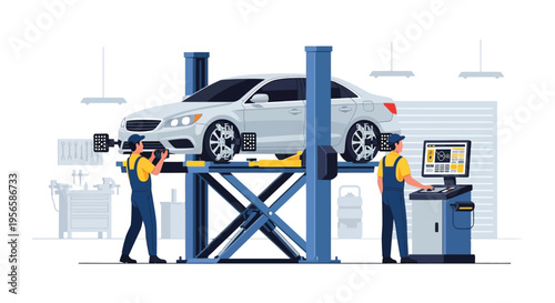 A modern automotive repair shop scene depicts mechanics working on a car with wheel alignment equipment silhouette high quality professional detailed