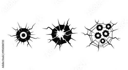 A collection of three stark black crack patterns resembling bullet holes against a white background silhouette high quality professional detailed modern