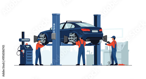 Automotive repair workers inspect and service a lifted car within a brightly lit garage environment silhouette high quality professional detailed modern