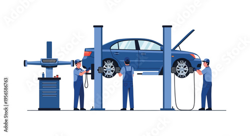 Automotive mechanics work on a lifted car in a garage a flat vector illustration silhouette high quality professional detailed modern elegant