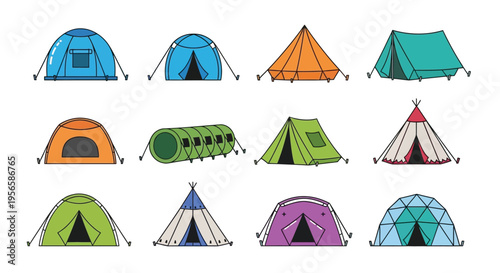 Collection of colorful cartoon tents and shelters in various designs