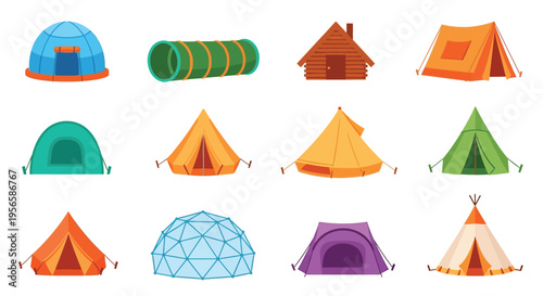 Colorful collection of various camping tents and outdoor shelters