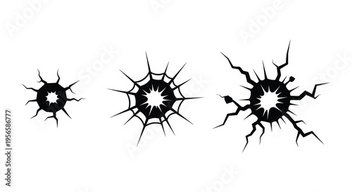 Three black crack silhouettes of varying sizes depict impact points on a white background creating a stark contrast silhouette high quality