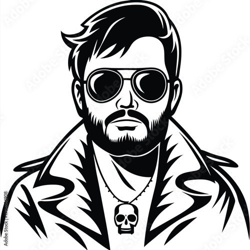 Stylish man with sunglasses and skull pendant wears an open coat in black and white